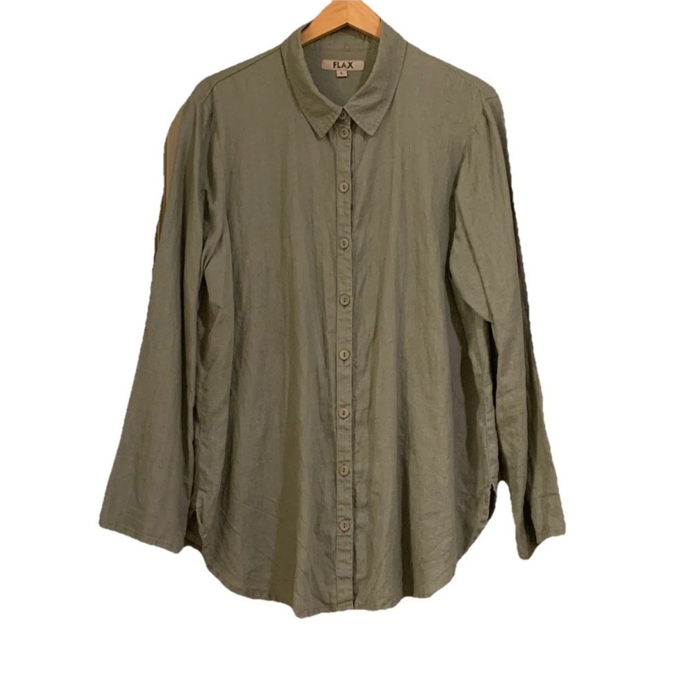 FLAX Linen Lagenlook Button Up Tunic Top Size L Olive Green